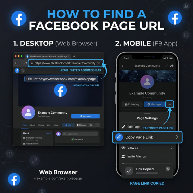 Guide to finding your Facebook Page URL on browser and mobile